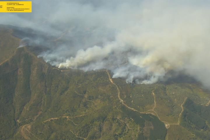 Medios aéreos y terrestres del MITECO continúan colaborando en las labores de extinción en el incendio de Sierra Bermeja (Málaga)